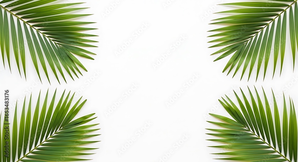 Fototapeta premium Tropical Palm Leaves Create A Symmetrical Frame On A Clean And Bright White Background With Ample Copy Space, Summer Vacation, Tropical Concept, Spa And Wellness.