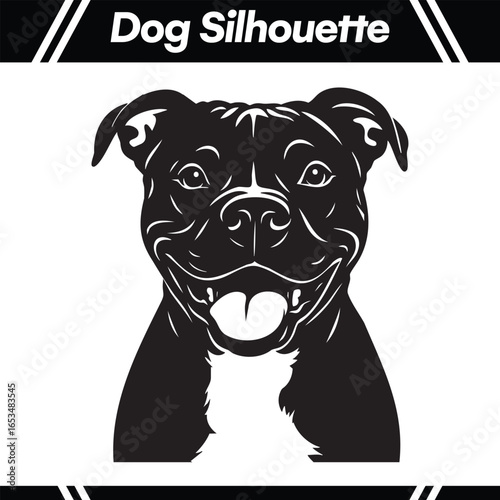 Detailed black and white dog silhouette with a smiling expression.