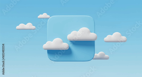3D Rendered White Clouds Floating Around a Blue Square Shape.