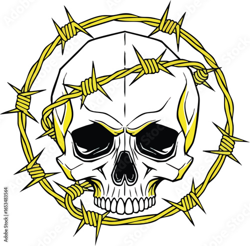Graphic illustration of a skull encircled by barbed wire, rendered in black and yellow on a white background.
