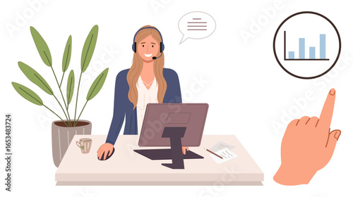 Woman with headset at desk using computer, engaging in conversation. Bar chart highlights data analysis. Ideal for customer support, teamwork, communication, analytics, productivity, remote work