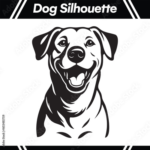 A happy, smiling dog's head depicted in a clean black and white vector silhouette style.
