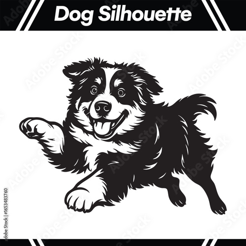 A black and white silhouette of a happy, energetic dog running with its tongue out and ears flopping.