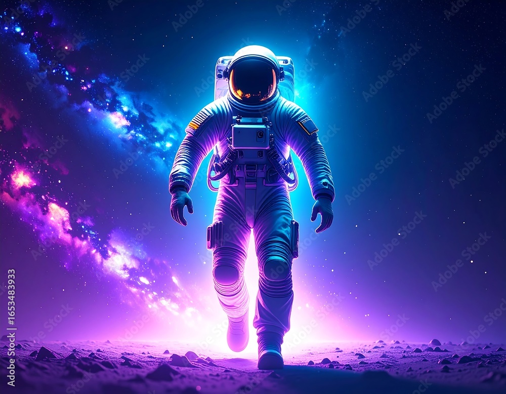 Fototapeta premium Astronaut in space suit walks on otherworldly terrain illuminated by vibrant neon colors