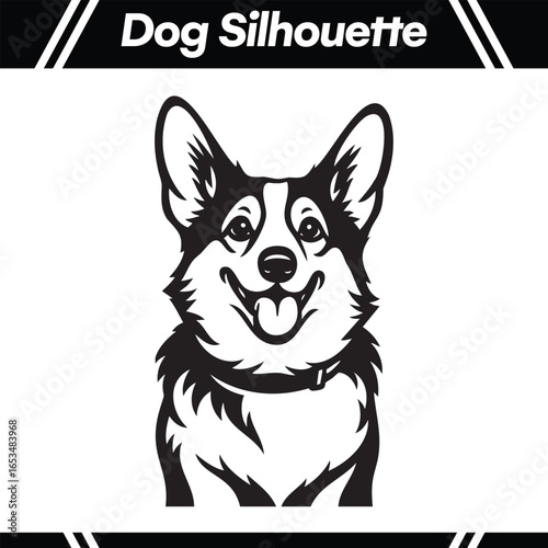 Black and white illustration of a smiling corgi dog silhouette.
