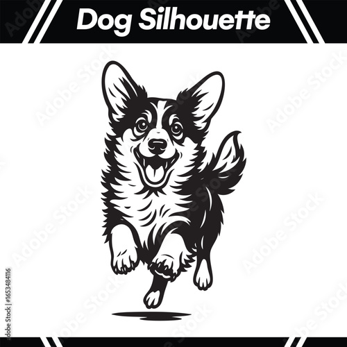 A black and white illustration of a happy corgi dog running with its tongue out.