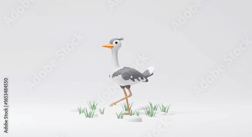 Cartoon Ostrich Walking on White Ground with Green Grass and Rocks.