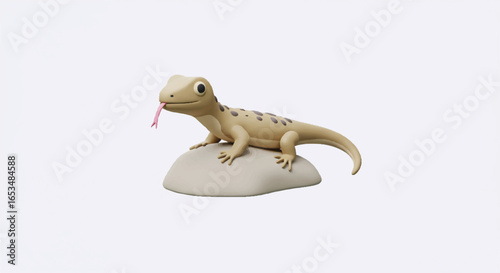 Cartoon Lizard with Pink Tongue and Spotted Back on Rock.
