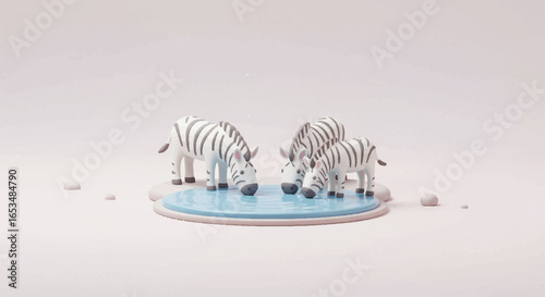 Cartoon Zebras Drinking Water from a Small Round Pond.