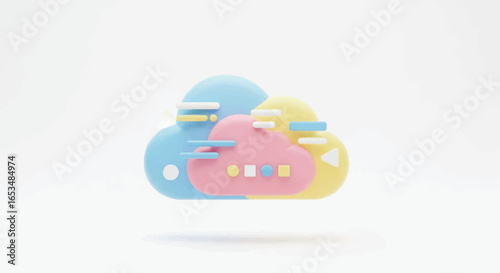 Colorful 3D Cloud Icon with Data Elements and Shapes.