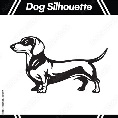 A stylized black and white illustration of a dachshund dog in profile.