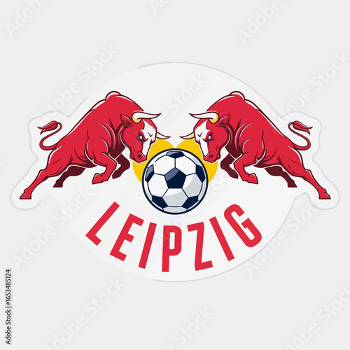 Illustration of the fc red bull leipzig logo featuring two red bulls facing a soccer ball with the word leipzig below, isolated on white background, perfect for sports enthusiasts