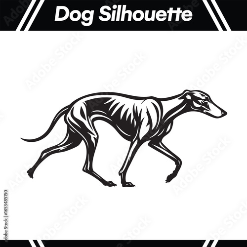 Elegant black and white silhouette of a slender dog in a walking pose.