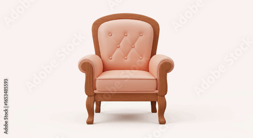 Elegant Pink Armchair with Wooden Frame and Buttoned Backrest.