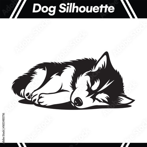 Sleeping husky puppy silhouette, black and white, graphic design.