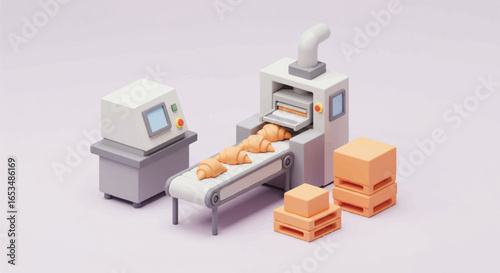 Isometric Bakery Production Line with Croissants and Packaging.