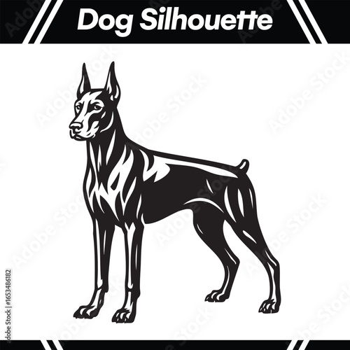 Elegant black and white silhouette of a Doberman Pinscher dog standing proudly.