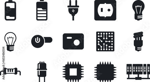 A collection of black solid glyph icons representing electricity, technology, and electronic components.