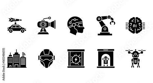 A collection of black solid glyph icons representing future technology, artificial intelligence, robotics, and smart city concepts.
