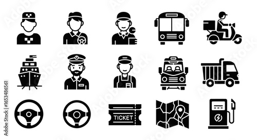 A comprehensive set of black silhouette icons for transportation, including vehicles, personnel, and travel items.