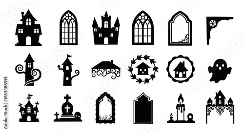 A diverse collection of black Halloween silhouettes, including haunted houses, gothic windows, and spooky icons.