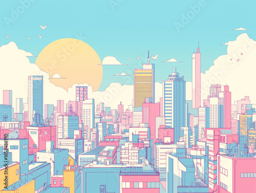 紫と水色を主体にした淡い色彩で描かれた高層ビルと都市の景観が印象的な1980年代風レトロポップイラスト。太陽と雲の組み合わせが空の広がりを演出し、素材として背景やポスター、広告などにも利用可能な抽象的かつシンプルな線画調アート作品。