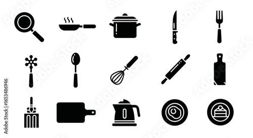 Black Silhouette Kitchen Utensils and Food Icons Set
