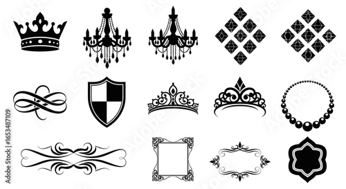Collection of Black and White Decorative Elements: Crowns, Chandeliers, Frames, and More