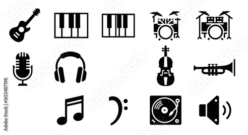 Collection of Black and White Music Instruments and Equipment Icons