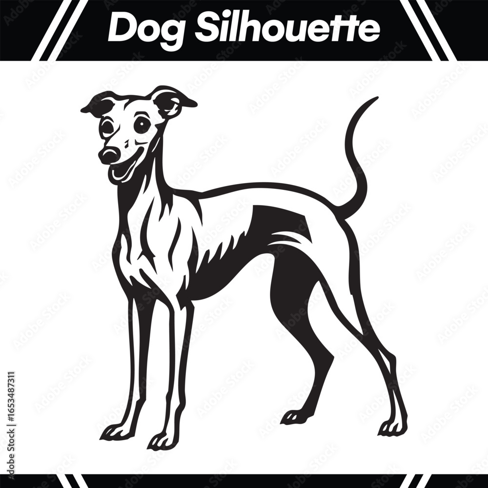 Obraz premium A black and white silhouette of a slender dog standing with a happy expression.