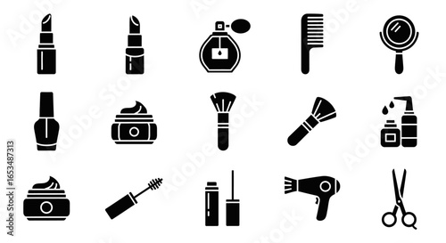 Collection of Black Glyph Icons: Makeup, Haircare, and Beauty Tools
