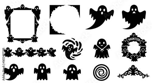 Collection of Black Halloween Ghost Icons and Decorative Elements