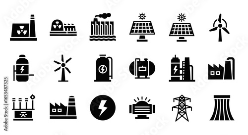 Collection of Black Glyph Icons Representing Diverse Energy Sources and Power Generation Methods