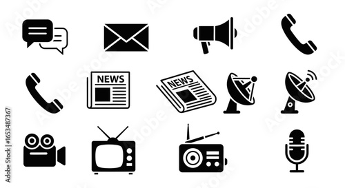 Collection of Black Mass Media Communication Icons:  Newspapers, Telephone, Satellite Dish, Microphone, and More