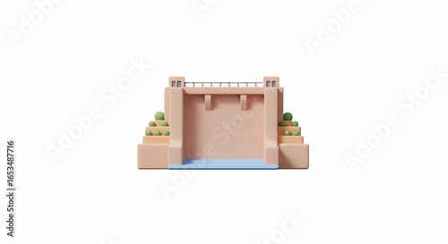 Stylized 3D Render of a Beige Dam with Greenery and Water.