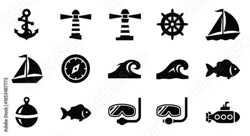 Collection of Nautical and Marine Themed Black Silhouette Icons