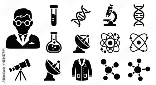 Collection of Scientific Icons: Scientist, DNA, Microscope, Telescope, and Molecules