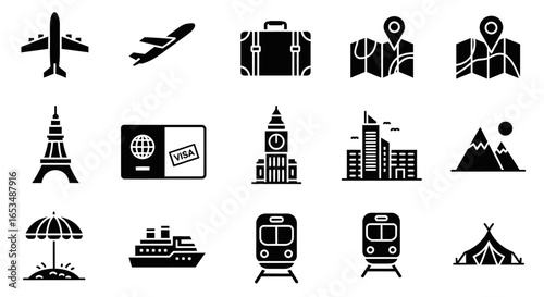 Collection of Travel and Transportation Icons: Planes, Suitcase, Maps, Landmarks, and More