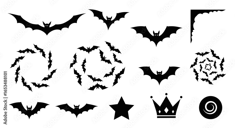 Naklejka premium Diverse Black Bat Silhouettes and Halloween Decorative Elements Set