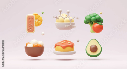 Stylized 3D Render of Various Healthy Food Items in Composition.