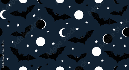 Halloween Pattern with Bats, Moons, and Stars on Dark Blue Background