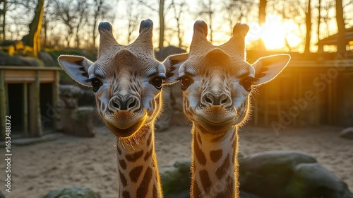 Two giraffes stand close together in an outdoor enclosure at sunset.