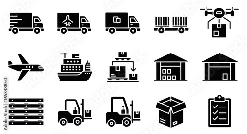 Monochromatic Black Silhouette Icons for Logistics, Shipping, Delivery, and Warehouse Operations