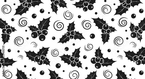 Seamless Pattern of Black Holly Berries and Leaves with Swirls