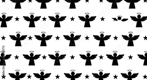 Seamless repeating pattern of black angel silhouettes with halos and five-pointed stars.