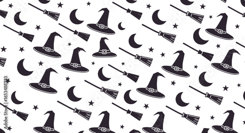 Seamless Pattern of Witch Hats and Broomsticks