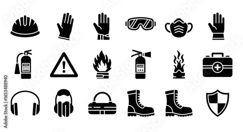 Solid Black Industrial Safety and Personal Protective Equipment Glyph Icons