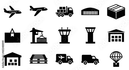 Solid black glyph icons representing cargo, shipping, and transportation logistics.