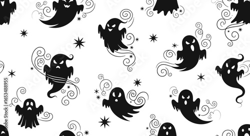 Spooky black cartoon ghosts with various expressions and swirling tails in a seamless Halloween pattern.