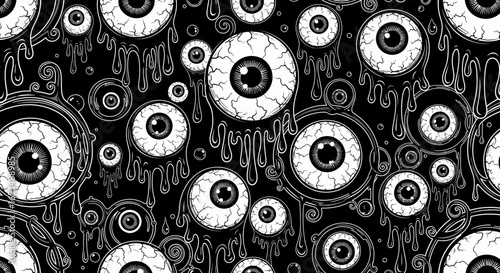 Spooky Dripping Eyeballs Seamless Pattern with Veins in Black and White Graphic Style